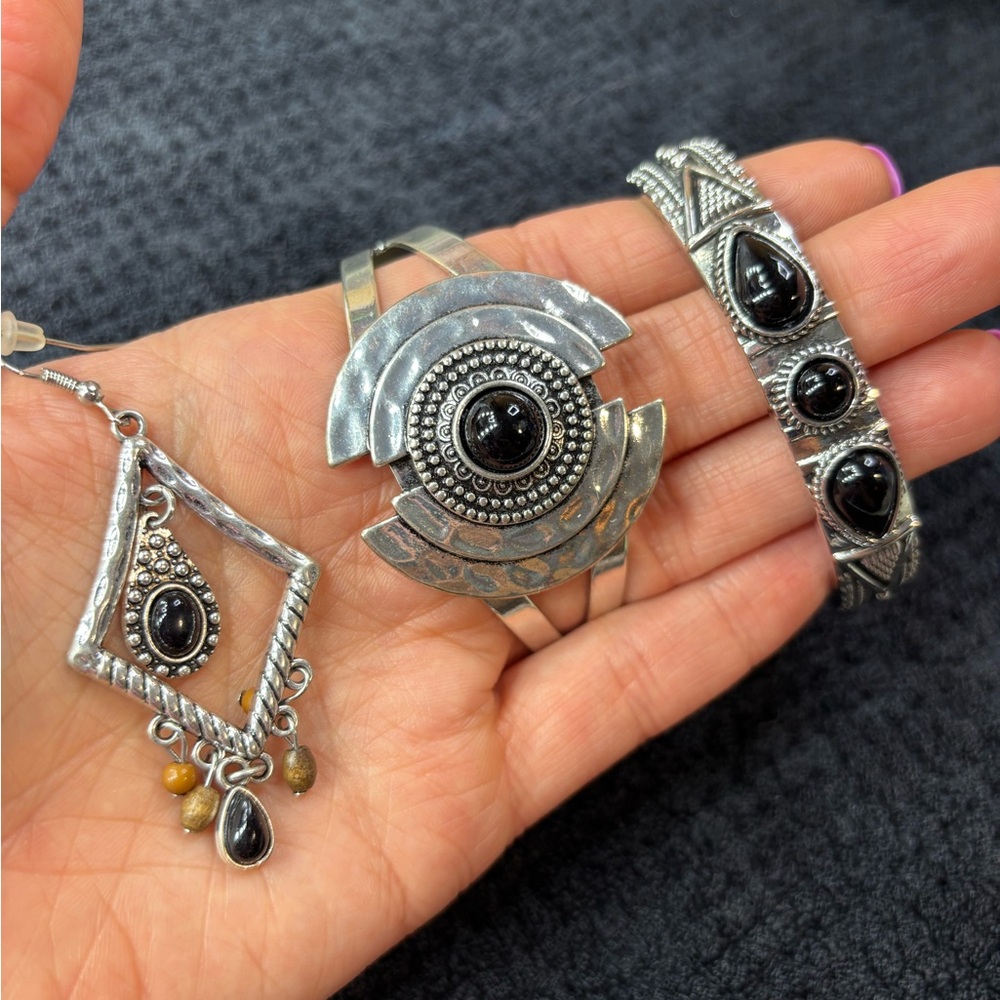 Sterling-Style Silver Black Stone Cuff Bracelet - Women